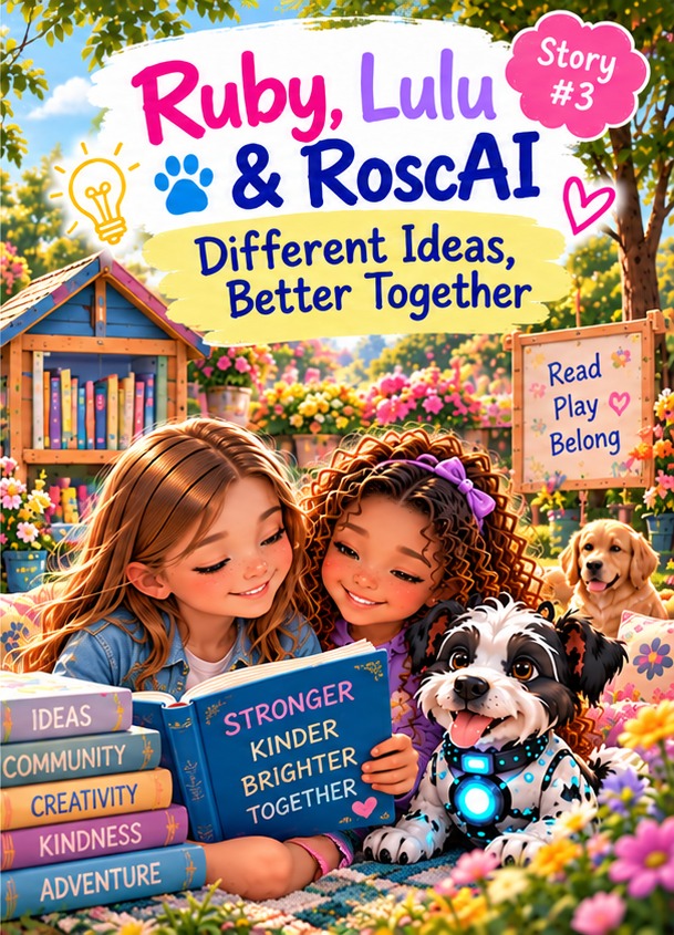 Illustrated cover of Different Ideas, Better Together — Ruby, Lulu & RoscAI