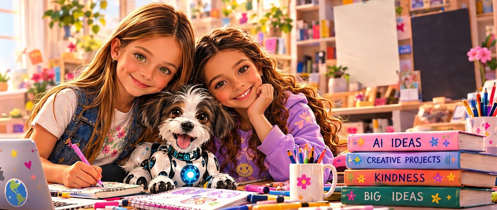 Ruby and Lulu with RoscAI, their AI robot puppy, sketching ideas together